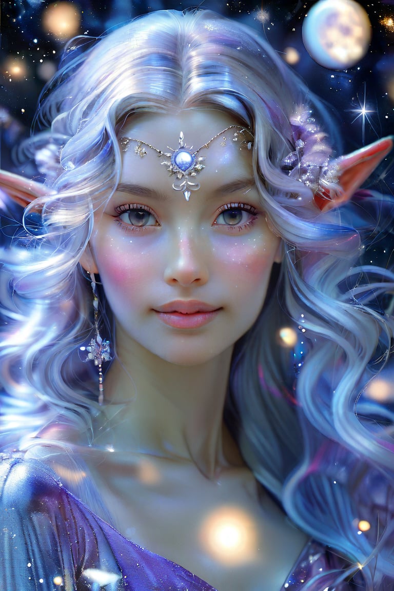 Frontal portrait of a whimsical and colorful woman resembling a moon priestess. Pale, silvery complexion, serene features, glowing eyes, and soft lunar freckles on the cheeks. Silky, gravity-defying hair in shades of silver, lavender, and midnight blue. Hair transitions into crescent moons and stars, creating a night sky illusion. Small glowing orbs floating around the head add to the celestial theme. Attire or visible body part resembles shimmering lunar fabric with ethereal colors. Overall effect: Graceful and otherworldly lunar being in tranquil reverie.