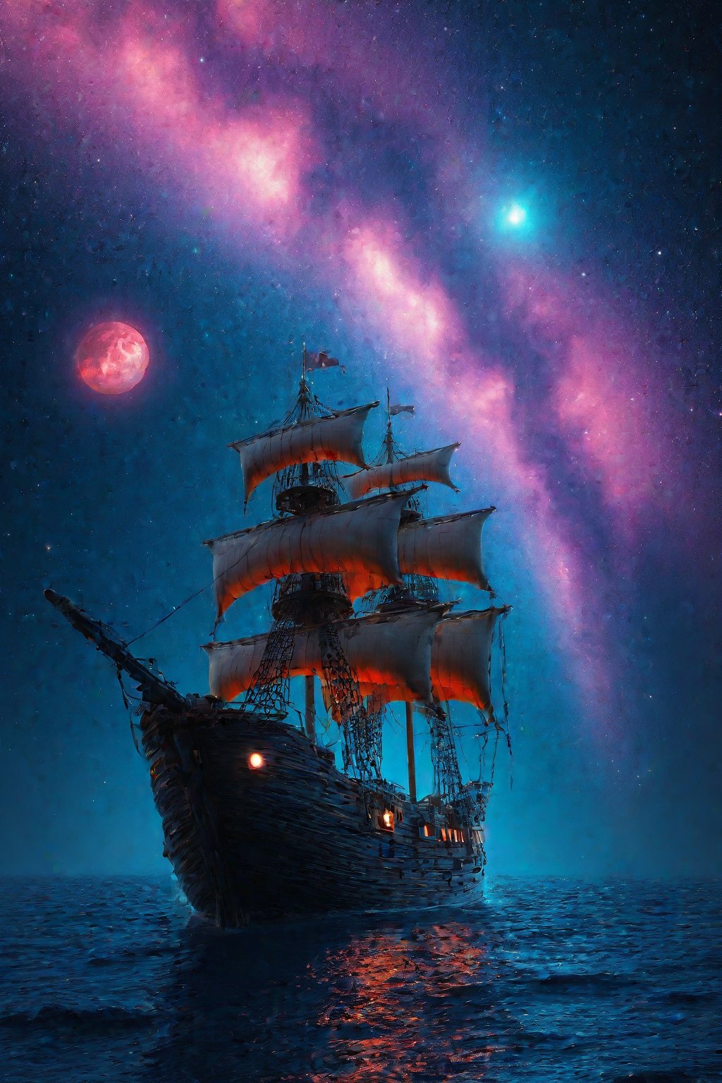 Pirate ship sailing into a bioluminescence sea with a galaxy in the sky