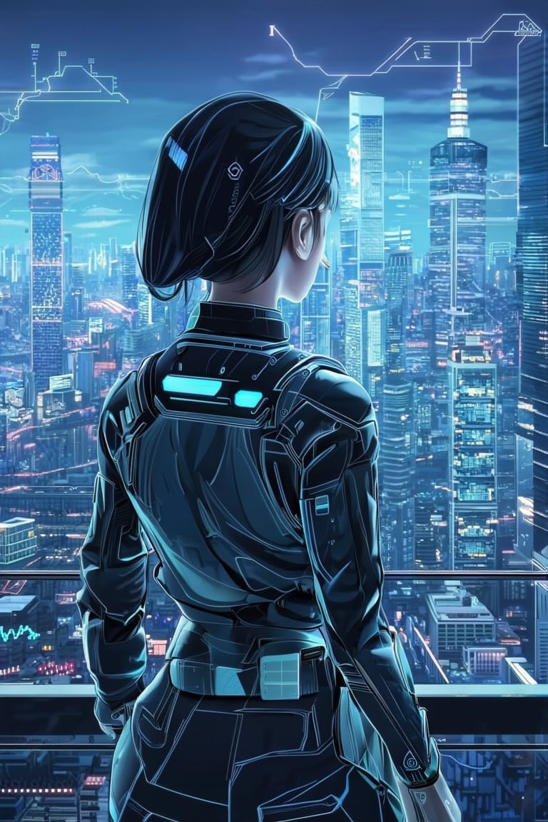 A visual stunning photo of a female cyberpunk looking over tokyo skyline | centered| key visual| intricate| highly detailed| breathtaking beauty| precise lineart| vibrant