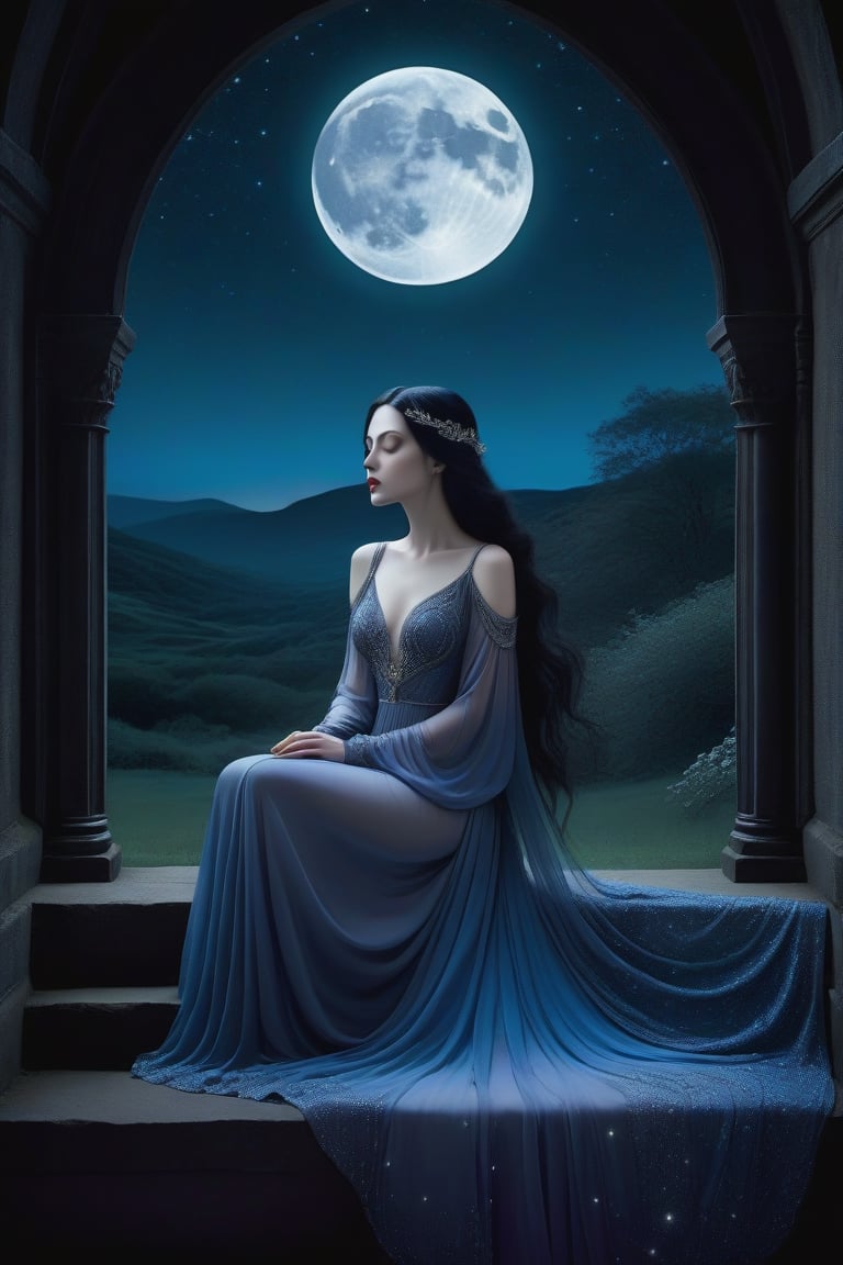 Against the ethereal glow of a full moon, a melancholic Gothic woman sits alone, her pale skin illuminated by the lunar light. Her dark hair cascades like a waterfall down her back, while her eyes, filled with sorrow, gaze out at the desolate, star-speckled night sky. The stained glass depiction is rendered in muted hues of blues and purples, with intricate details on the woman's flowing gown and the celestial backdrop.