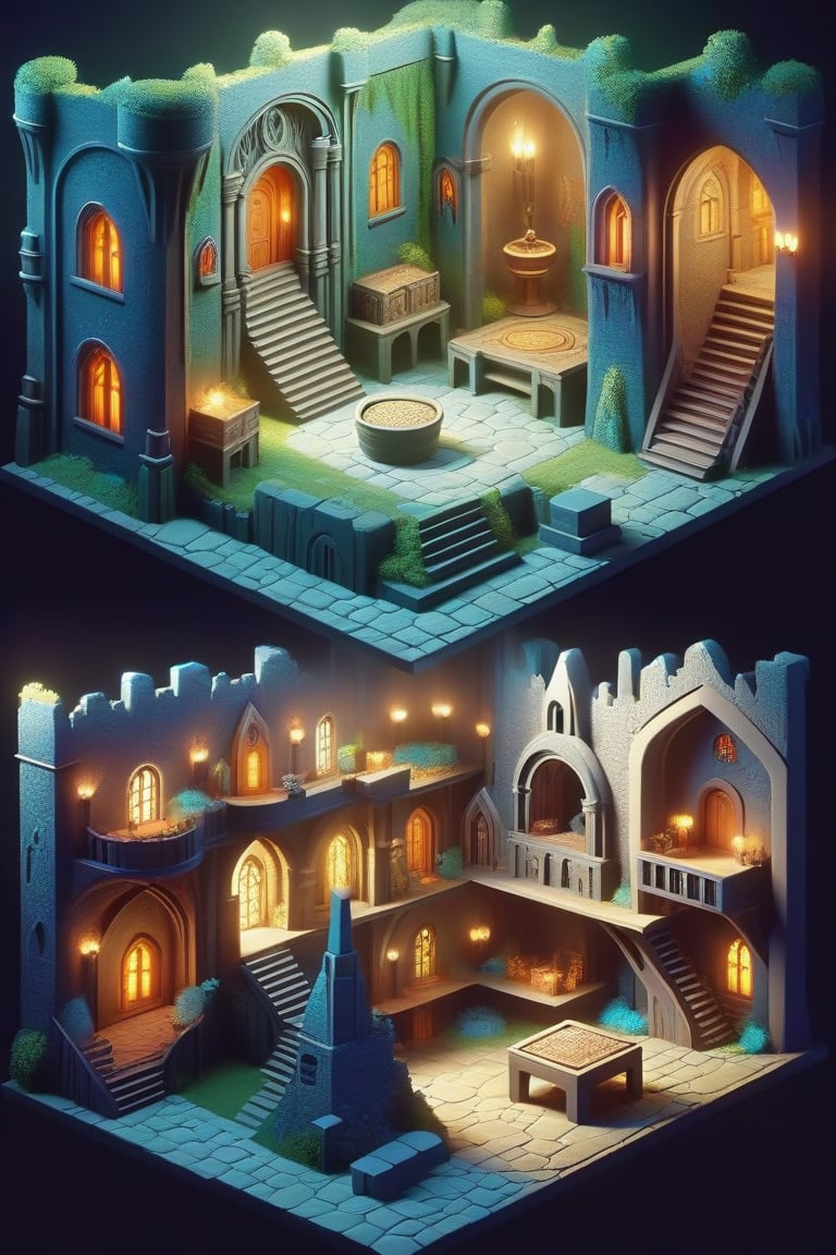 Dungeon game sheet, 3d, isometric, dreamy color palette, inspired by Pixar.”