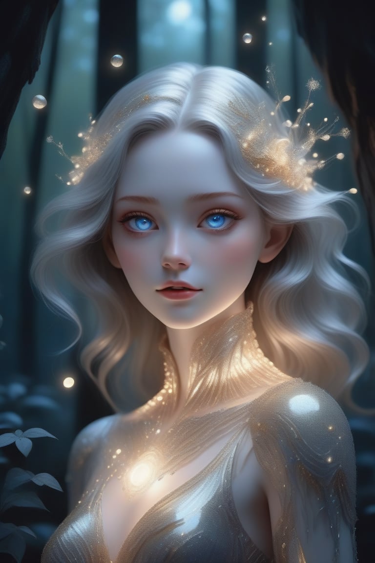 a woman dressed in crystal attire, light gray and light gold style, vibrant illustrations, soft and rounded sculptures, realistic detailed portraits, white and amber, vibrant blue eyes with a calm and gentle appearance, background of a full moon, forest with fireflies