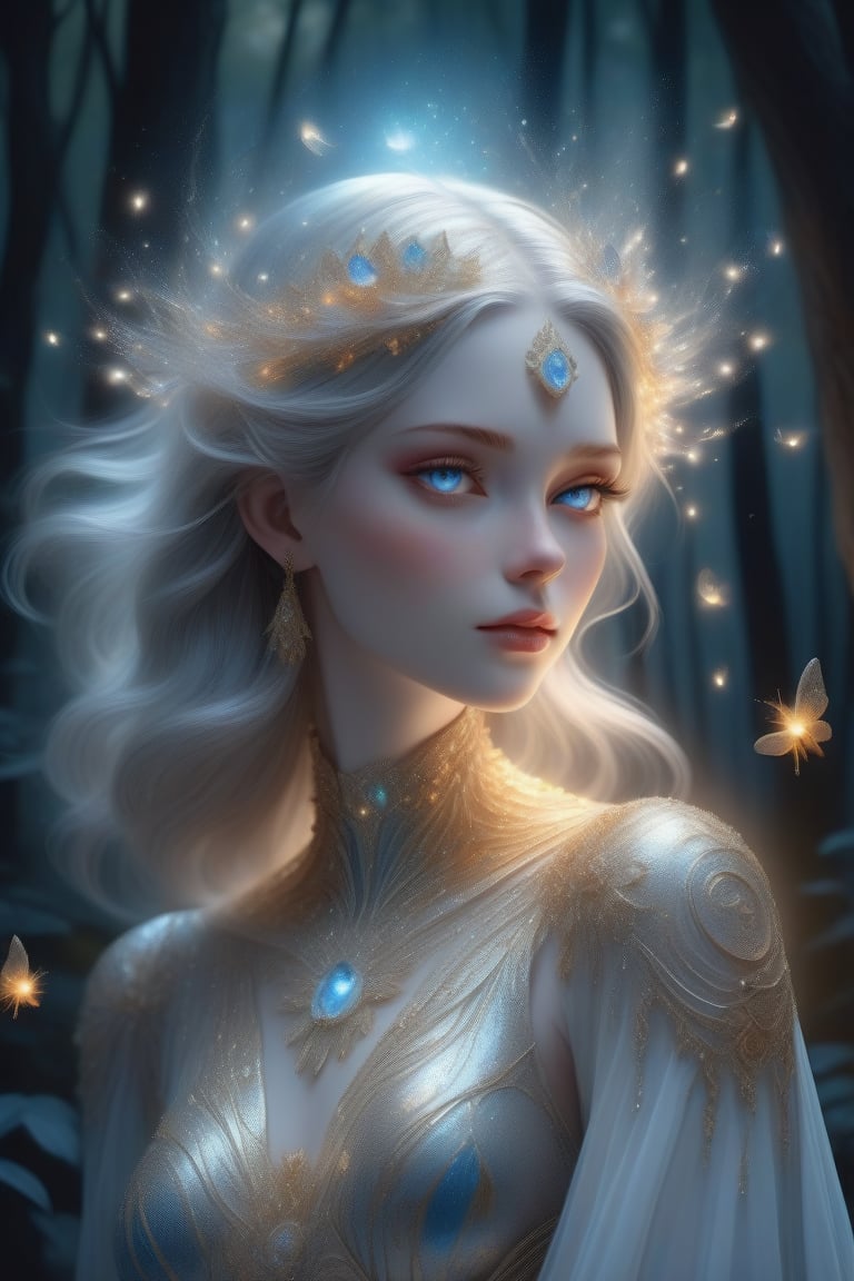 a woman dressed in crystal attire, light gray and light gold style, vibrant illustrations, soft and rounded sculptures, realistic detailed portraits, white and amber, vibrant blue eyes with a calm and gentle appearance, background of a full moon, forest with fireflies