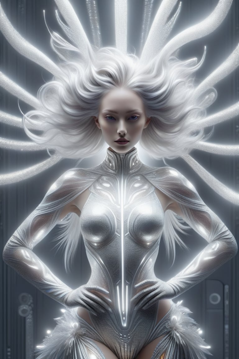 a fashion artist creates a digitally styled portrait of a female with a white body, in the style of light silver and silver, imaginary creatures and robots, symmetrical balance, solarpunk, matte photo, contemporary candy-coated, sculptural expression