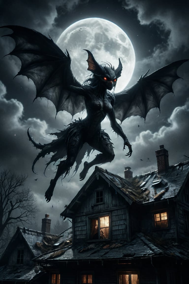 Tiktik, female monster with bat-like wings and fangs, flying near a roof of a house, full moon in the background, dark, macabre, horror, haunting, hyperrealism,