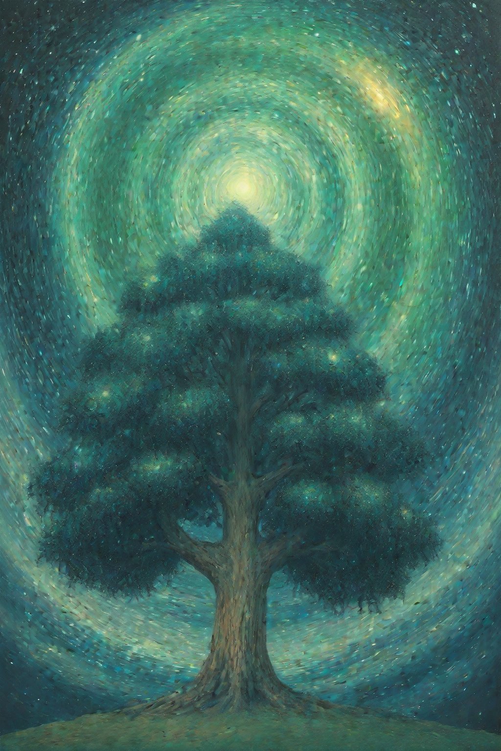 bright painting of a tree with stars in the sky, in the style of dreamlike fantasy creatures, multilayered dimensions, swirling vortexes, realistic color schemes, dark green and light blue