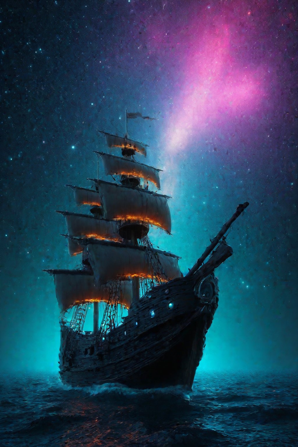 Pirate ship sailing into a bioluminescence sea with a galaxy in the sky