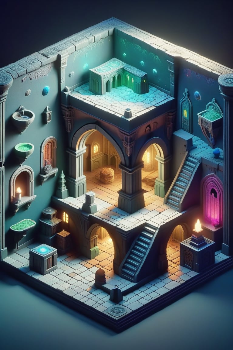 Dungeon game sheet, 3d, isometric, dreamy color palette, inspired by Pixar.”