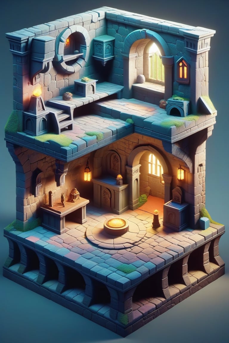 Dungeon game sheet, 3d, isometric, dreamy color palette, inspired by Pixar.”