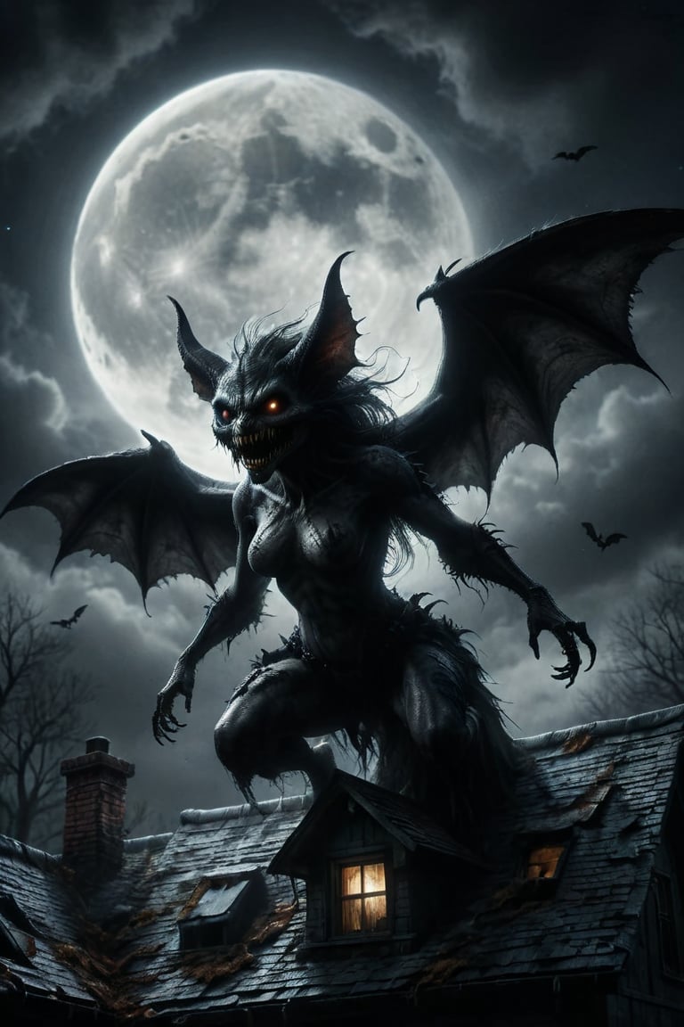  female monster with bat-like wings and fangs, flying near a roof of a house, full moon in the background, dark, macabre, horror, haunting, hyperrealism,