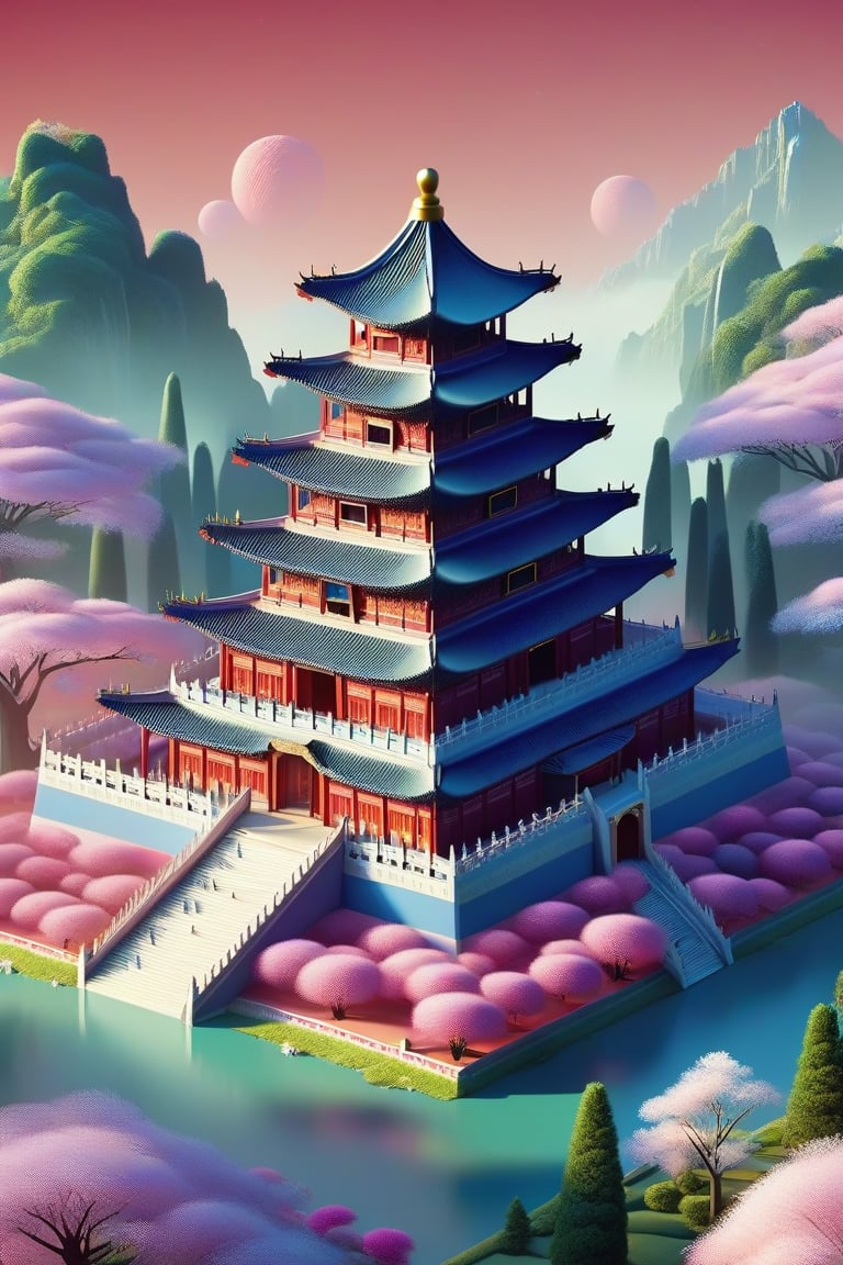 Temple of Heaven game card, 3d, isometric, dreamy color palette, inspired by Pixar.”