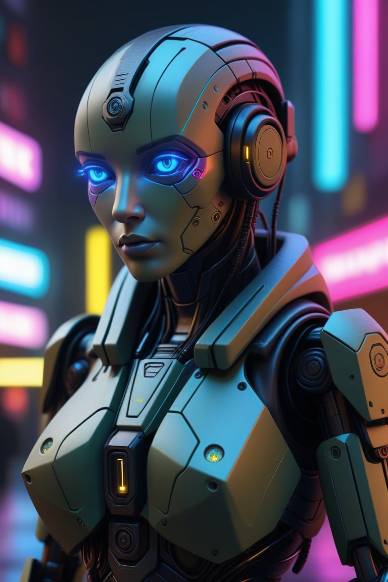 cyberpunk nousr military female robot, stealth, neon lights, character design, hard surface, smooth detailed face, highly detailed, intricate details, symmetrical, real time, vfx, volumetric lighting, ambient light, 3d digital, uhd, hdr,digital artwork by Beksinski