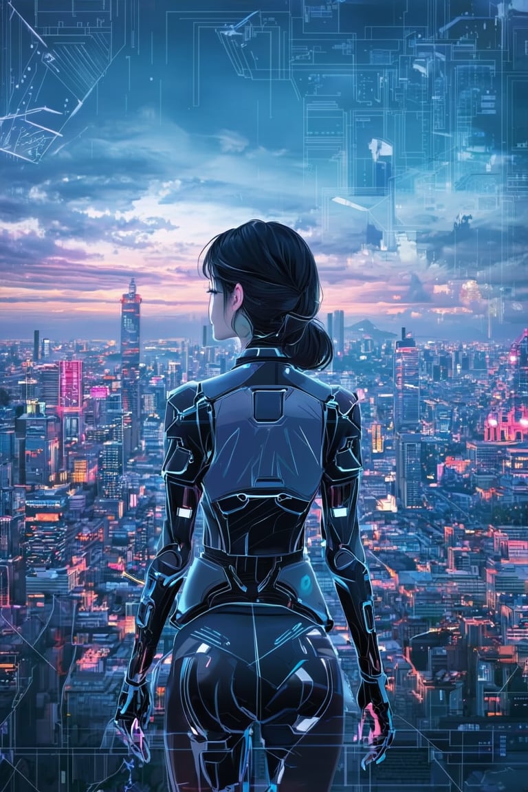 A visual stunning photo of a female cyberpunk looking over tokyo skyline | centered| key visual| intricate| highly detailed| breathtaking beauty| precise lineart| vibrant