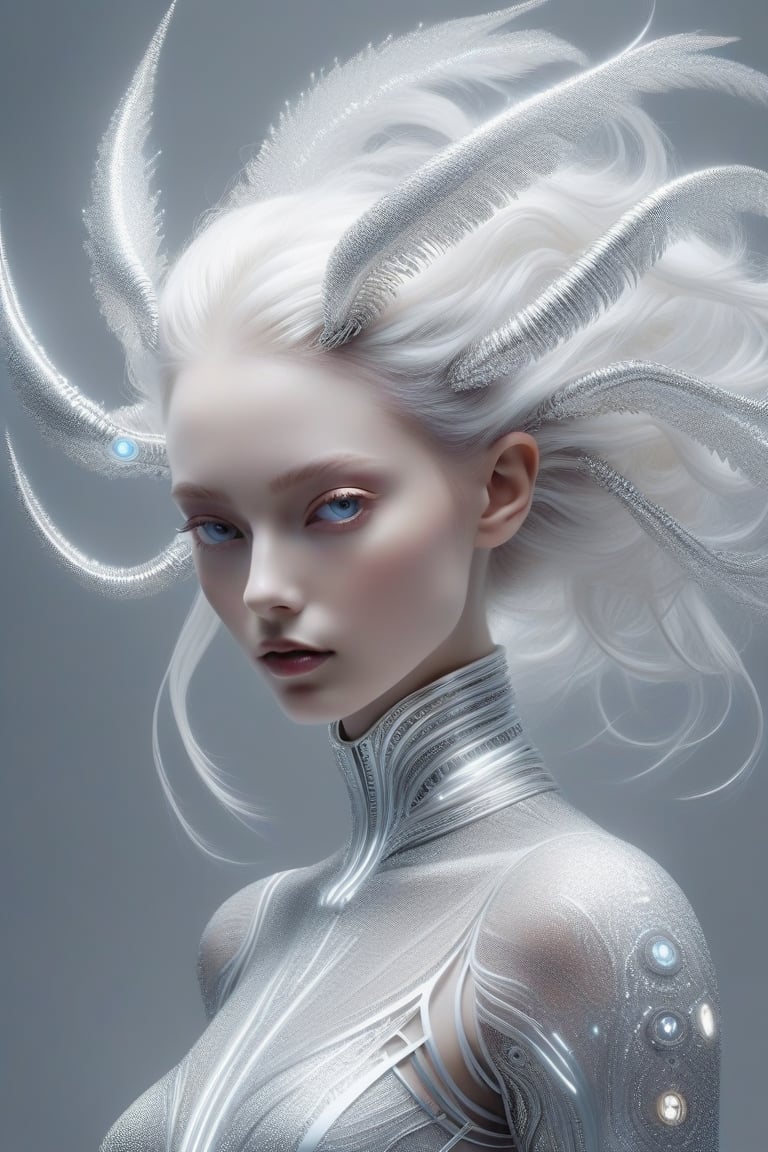 a fashion artist creates a digitally styled portrait of a female with a white body, in the style of light silver and silver, imaginary creatures and robots, symmetrical balance, solarpunk, matte photo, contemporary candy-coated, sculptural expression