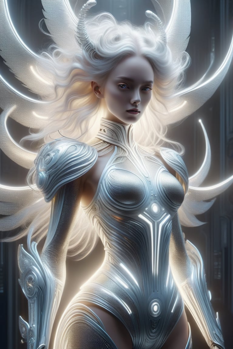 a fashion artist creates a digitally styled portrait of a female with a white body, in the style of light silver and silver, imaginary creatures and robots, symmetrical balance, solarpunk, matte photo, contemporary candy-coated, sculptural expression