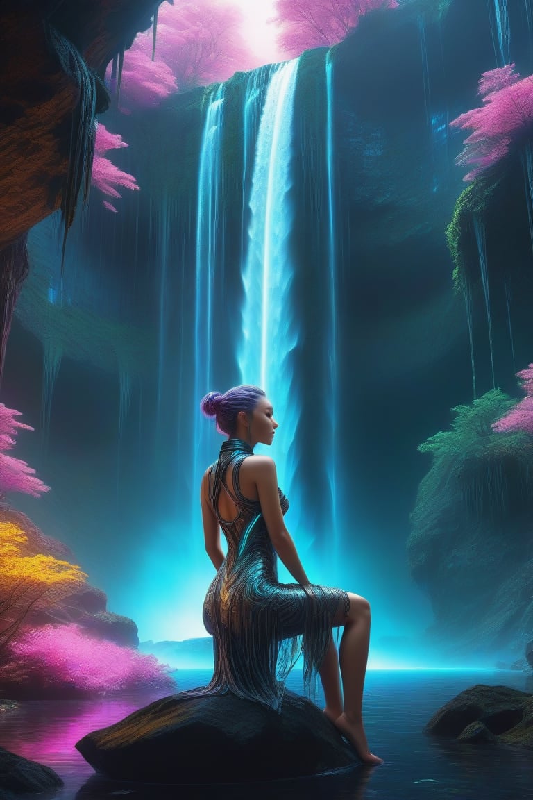 masterpiece, perfect anatomy, 32k UHD resolution, best quality, RAW, vibrant and vivid colors, realistic photo, professional photography, lots of details, depth of field, cyberpunk style, Fractal, Cyberpunk , feminine, crystal clear glowing waterfall, DonM3l3m3nt4lXL