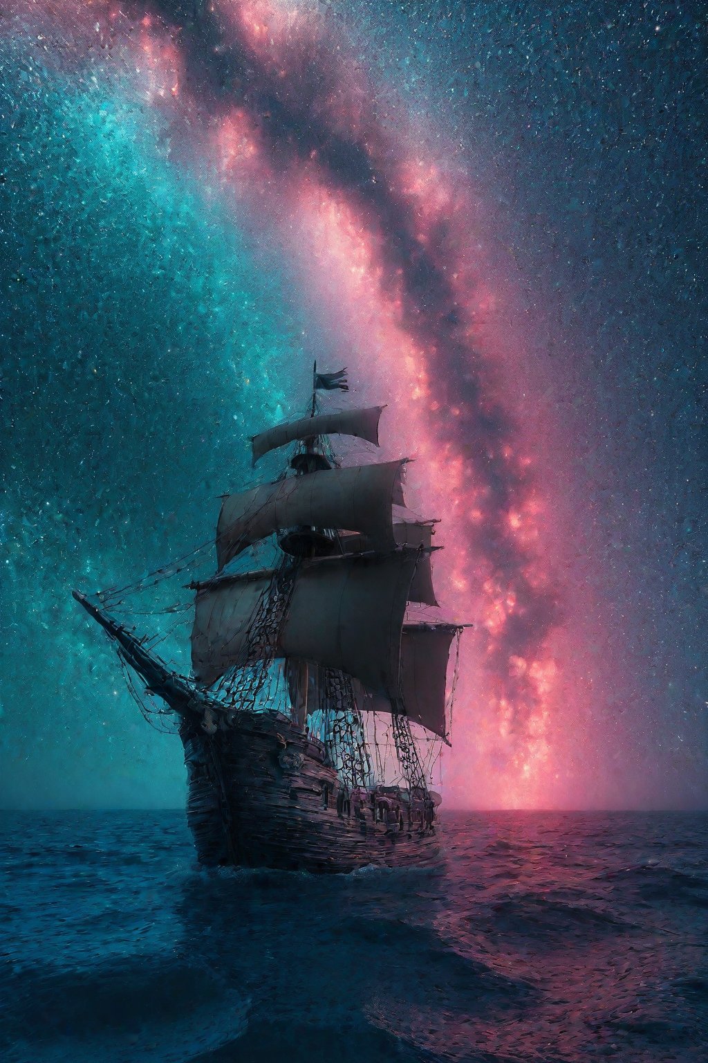 Pirate ship sailing into a bioluminescence sea with a galaxy in the sky