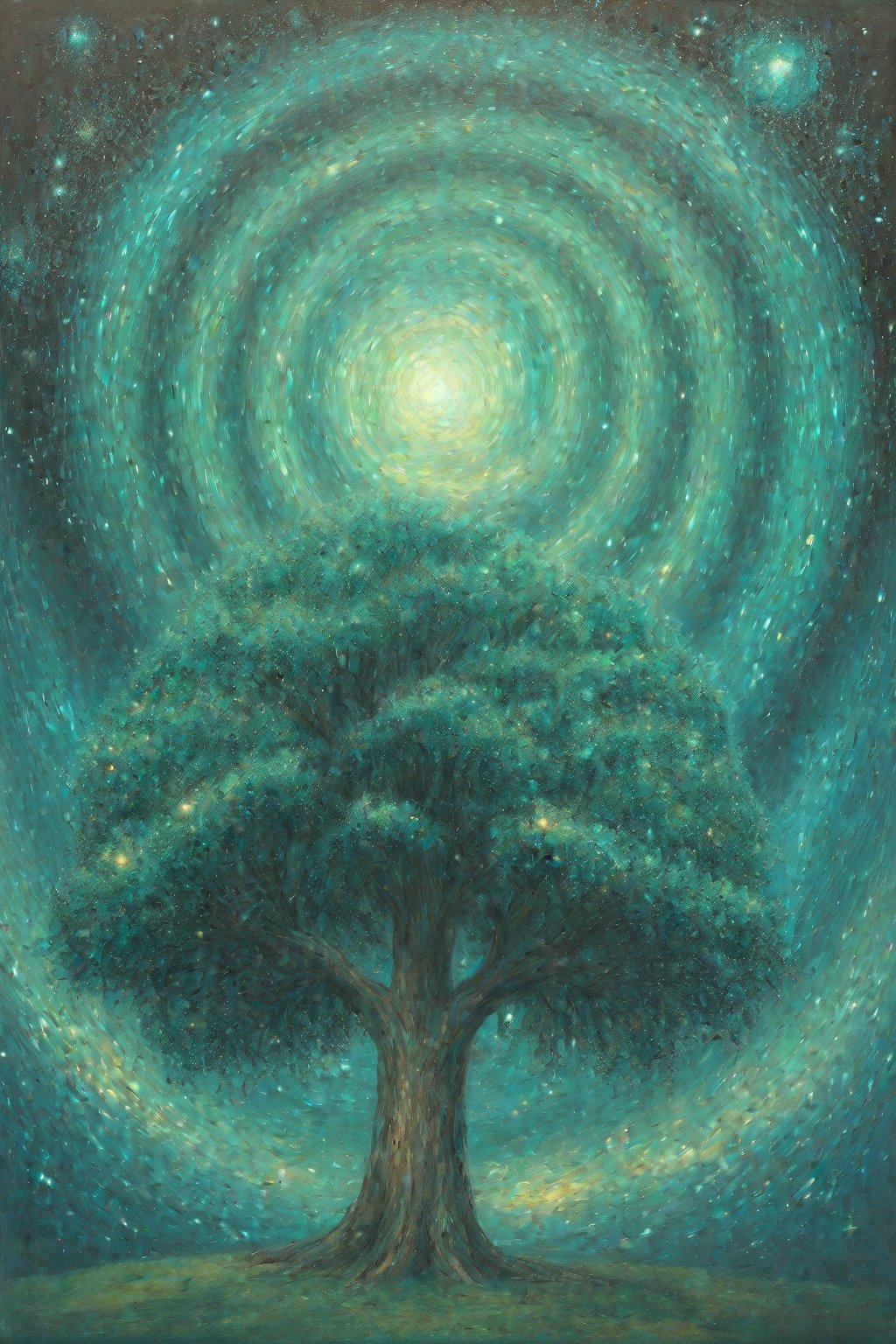 bright painting of a tree with stars in the sky, in the style of dreamlike fantasy creatures, multilayered dimensions, swirling vortexes, realistic color schemes, dark green and light blue