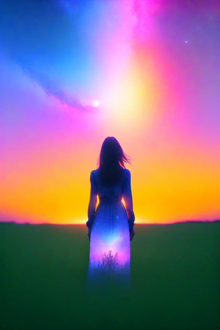 A close up fantastic image of a woman's outline containing the entire galaxy inside of her, as she stands in a field in summer at sunset, a soft aura surrounding her
