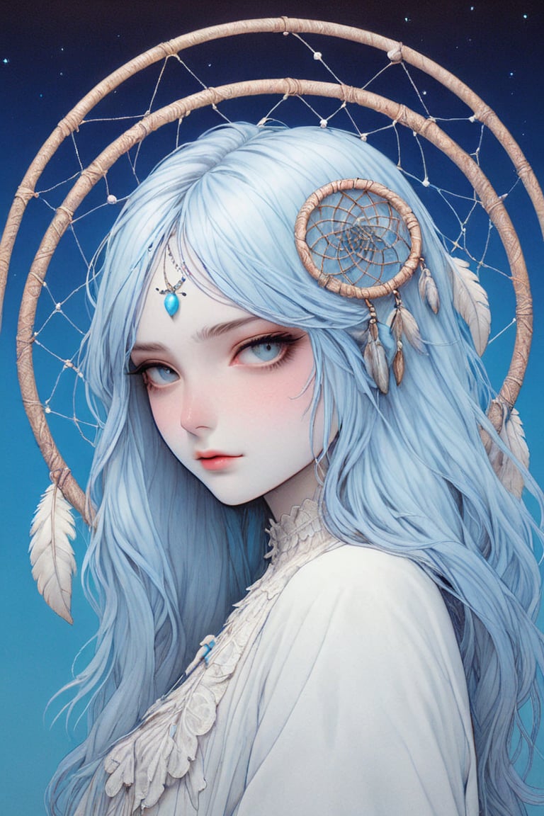 Dream Catcher, in the style of crisp neo-pop illustrations, sky-blue, nightcore, trompe-l'œil illusionistic detail, detailed penciling, pensive portraiture