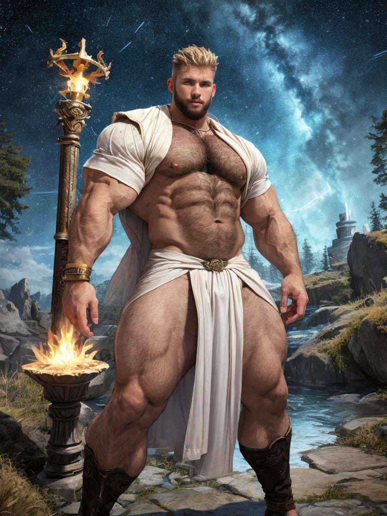 Full body shot of a handsome man, 3D illustration of characters, real character texture, ultra-high-definition resolution. The ancient Greek God of War, slightly fat and muscular, hairy chest, short hair, a small amount of beard on his face, wearing a bracelet, gauzy Nordic robe (see-through clothes), intricate details, slightly damp clothes, cool clothes on the lower body, massive bulge,clothes damaged in battle The state is more sexy, holding the Poseidon Trident, standing on the rune stone platform and ascending, and behind him is the flame totem ring. The background of the picture is the constellation starry sky totem.