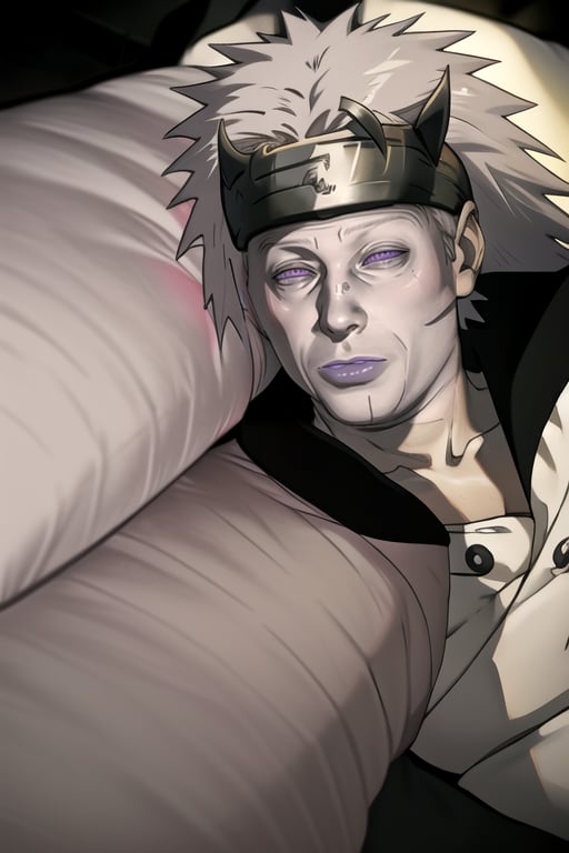 best aesthetic, best quality, masterpiece, semi-realistic, midjourney anime style, intricate details, perfect anatomy, absurdres, 
male_solo, mature male, Madara Uchiha, perfect eyes, purple eyes, (super long white hair), white kimono, black collar, white headband,
IncrsLimmyWakingUpMeme, squint eyes, lying in bed,
(low key, chiaroscuro, dark atmosphere), cold light