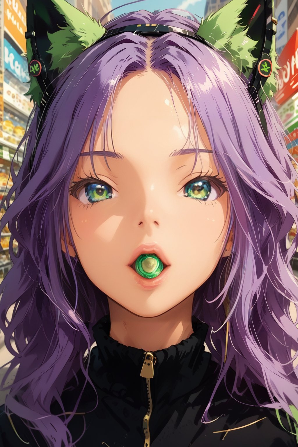 A purple-haired woman with green cat ears and white eyes is shopping confidently and happily on the streets of an American city, wearing headphones and holding a lollipop in her mouth