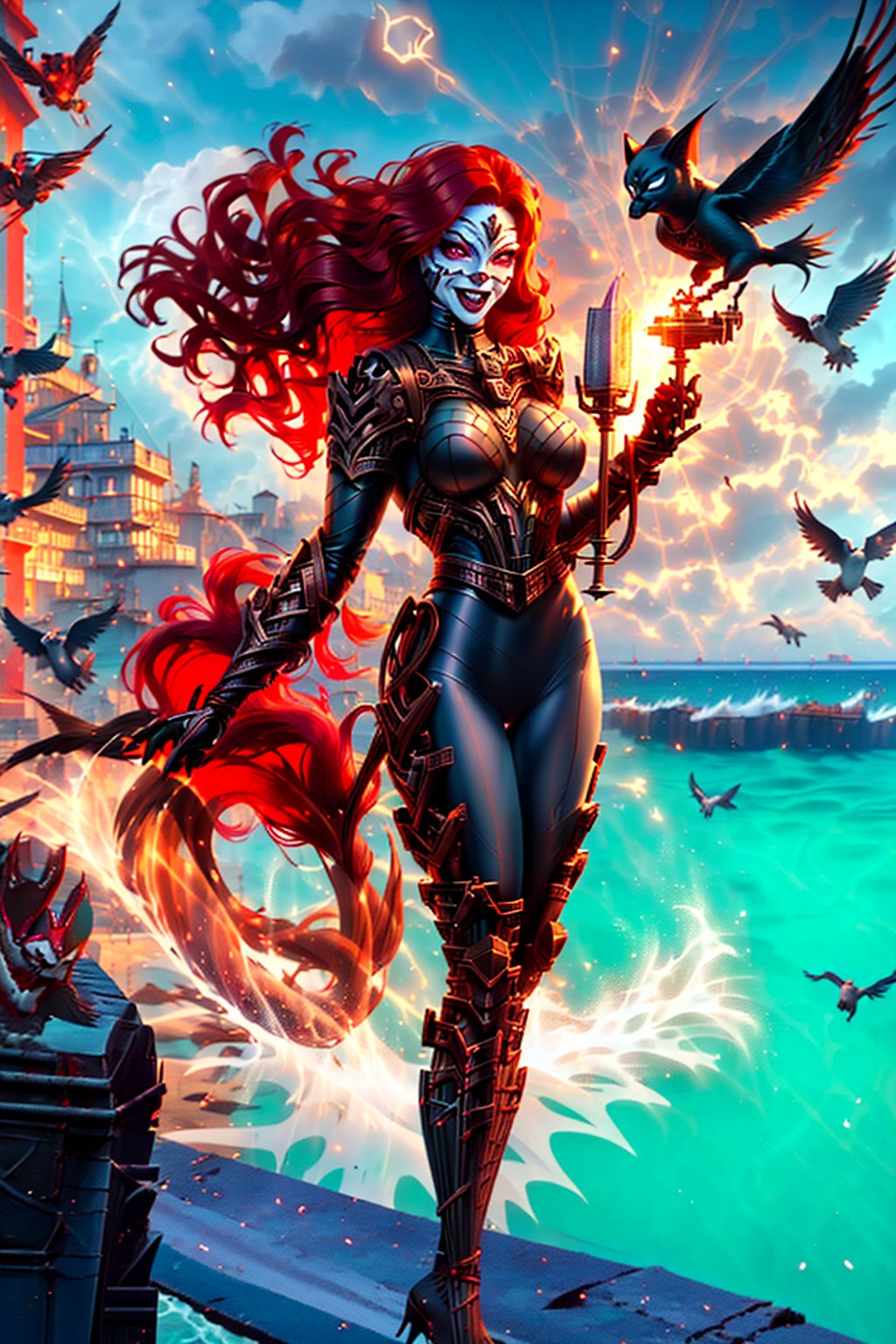 A light-skinned European woman with long red hair, wearing a Catwoman-like mask covering her upper face, holding a huge hammer with a black and red handle, standing on the seaside in Italy, laughing and blowing Breathing the sea breeze, surrounded by birds and fish jumping out of the sea