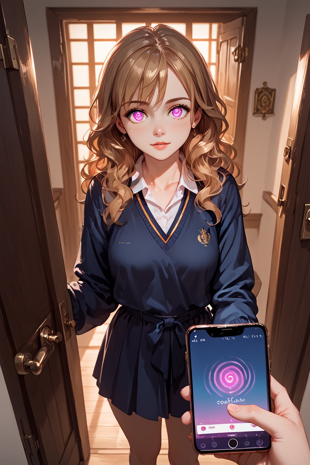 score_9,score_8_up,score_7_up,score_6_up, source_anime, masterpiece, best quality, 8k, 8k UHD, ultra-high resolution, ultra-high definition, highres, cinematic lighting
,//Character, 
1girl, solo,hermione, 
,//Fashion, 

,//Background, japanese front door, answering door, hand on door, opening door
,//Others, ,Expressiveh,
looking at viewer, 2/4 angle view, three quarter view, female focus, mind control, hypnosis, smartphone, pov holding phone, ,hermione11granger