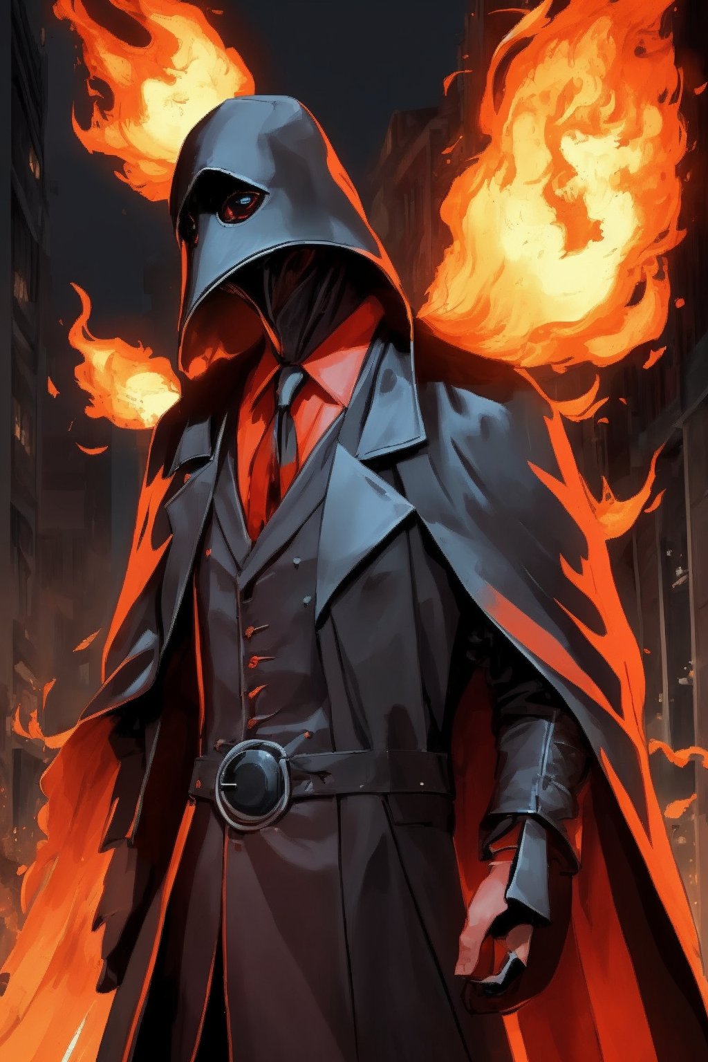 Anime, anime style, 2d, in plague doctor costume shooting fire, 1 young tall and sexy man, dangling red fashion bangs, fiery orangish hair, urban background
