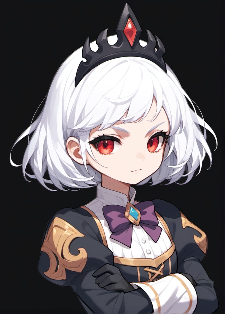 score_9, score_8_up, score_7_up, masterpiece,original,upper body,portrait,blank white background,1girl,solo,Yankee girl,(disdain,annyoed,,:1.2),Orphea, tiara, white hair, short hair, red eyes, gown, puffy sleeves, black gloves, purple bow,crossed_arms,