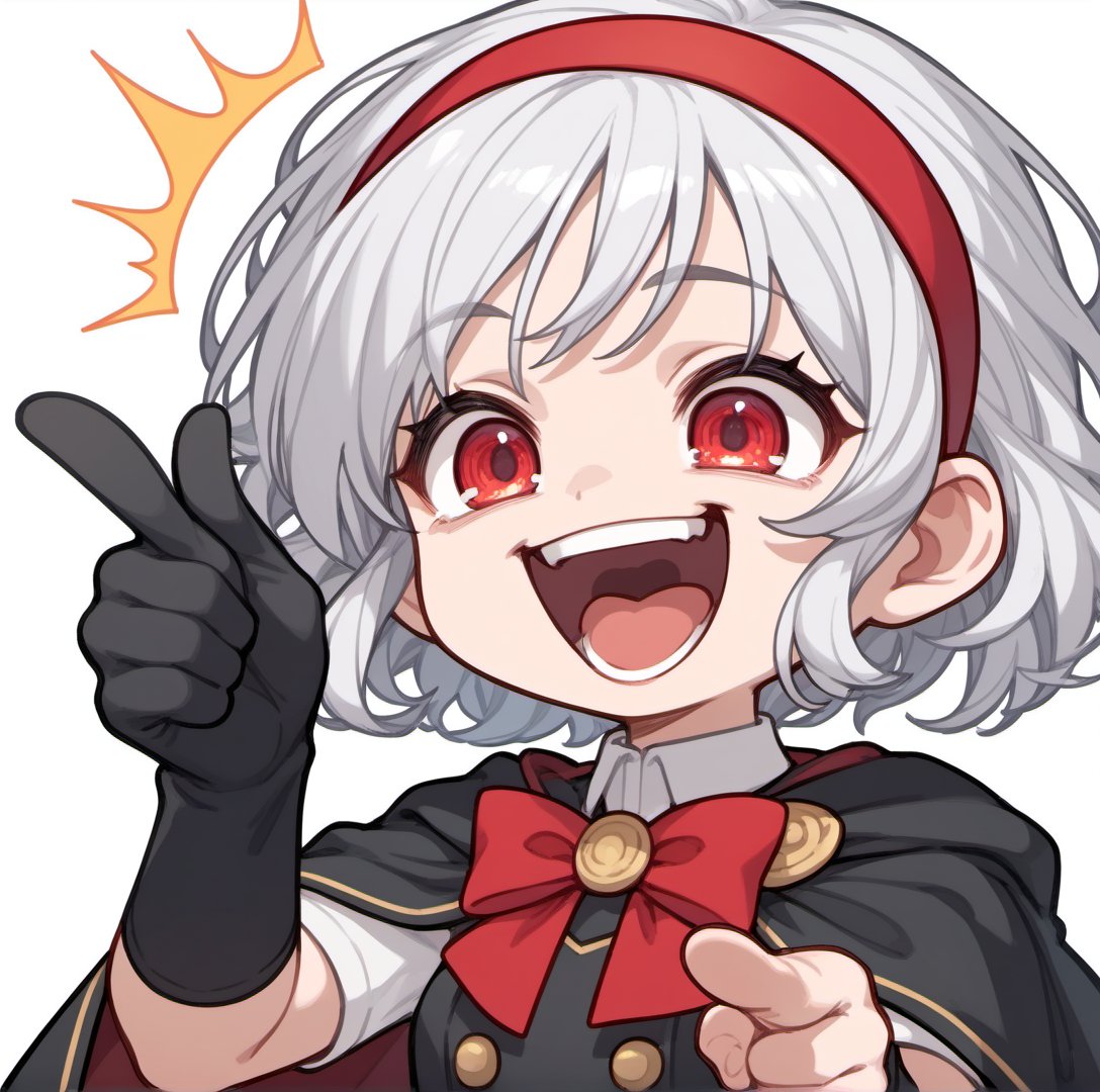 Prompt: score_9, score_8_up, score_7_up, masterpiece,original,upper body,blank white background,1girl,solo,Yankee girl,(delicate face,:1.2),black and white T-shirt,silver hair,big cape ,short hair,black Gloves,red bowknot headband,,look up,red eyes,Short sleeve,loli,chibi,(Right hand pointing to the right,🤣👉:1.4),(crazy,laughing,big mouth,open mouth,Squint,:1.4),straight-on,(happy,open mouth,:1.3),
