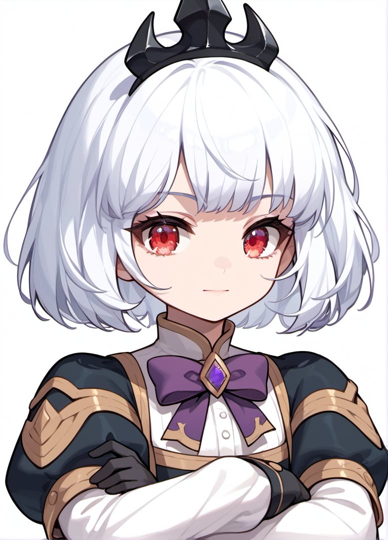 score_9, score_8_up, score_7_up, masterpiece,original,upper body,portrait,blank white background,1girl,solo,Yankee girl,(delicate face,:1.2),Orphea, tiara, white hair, short hair, red eyes, gown, puffy sleeves, black gloves, purple bow,crossed_arms,disdain,annyoed,