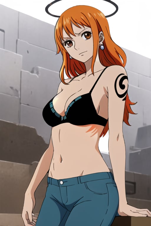 Nami (One piece), orange eyes, long hair, orange hair, black bra, long jeans, shoulder tattoo, empty eyes, nam14mang, large breasts, masterpiece, best quality, detailed scenery, cinematic effect, 1girl, (halo), detailed, beautiful , Shine eye, diamond eye, clear, looking at viewer, empty eyes, upper body, slim waist, inclined at 90,Nami, onepiece, earrings, left shoulder tattoo