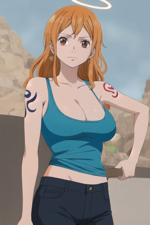 Nami (One piece), orange eyes, long hair, orange hair, cyan tank top, long jeans, shoulder tattoo, empty eyes, nam14mang, large breasts, masterpiece, best quality, detailed scenery, cinematic effect, 1girl, (halo), detailed, beautiful , Shine eye, diamond eye, clear, looking at viewer, empty eyes, upper body, slim waist, inclined at 90,Nami, onepiece, earrings, left shoulder tattoo, cleavage