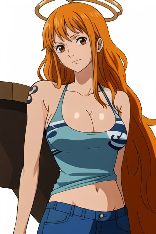 Nami (One piece), orange eyes, long hair, orange hair, cyan tank top, long jeans, nam14mang, large breasts, masterpiece, best quality, cinematic effect, 1girl, (halo), detailed, beautiful , Shine eye, diamond eye, clear, looking at viewer, empty eyes, upper body, slim waist, inclined at 90, Nami, onepiece, left shoulder tattoo, large cleavage, empty eyes, blank background