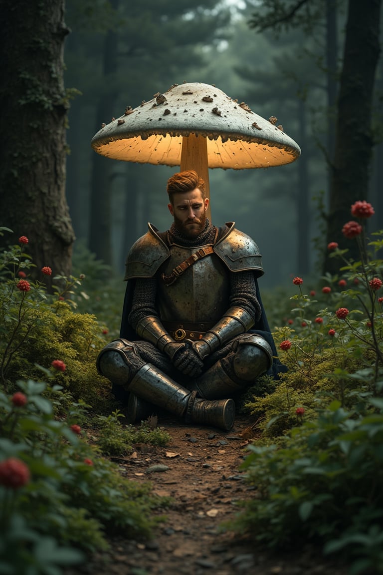 A medieval knight sits pensively in the center, surrounded by a bright, protective mushroom. The dark forest looms behind, contrasting with the pleasant atmosphere. Green bushes and wild berries encircle the scene, with soft, warm lighting highlighting the knight's thoughtful expression. The mushroom glows softly, casting a gentle light over the knight, creating a serene and contemplative mood.