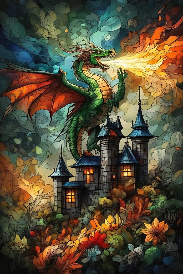 A majestic green dragon flies atop a foreboding dark castle in flames by spraying flame of the dragon from its mouth, its fiery roar echoing through the night. The scene is Glass with kalerair style in LeJardinDesPlantes composition, set against a kaleidoscope of colors: orange, blue, black, yellow, and green. Rich brushstrokes blend in an abstract style, imbuing the composition with dynamic energy.