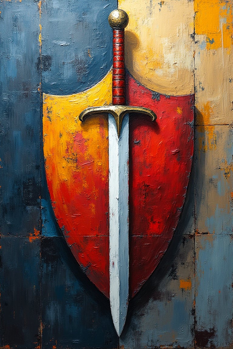 "a fine art oil painting of a sword and a shield in an abstract style"