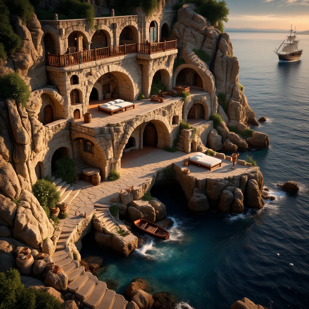 Medieval Smugglers and Pirates' seaside lair: A secret cave carved into rugged cliffs, overlooking a tranquil ocean where waves gently lap against the entrance. The warm sunlight filtering through openings illuminates the natural stone walls and archways, blending seamlessly with the organic structure. A makeshift pier juts out, hosting small boats and crates/barrels scattered about, while banners, cannons, and fishing nets decorate the environment. In the distance, a majestic pirate frigate anchors towards sunset. Above, a natural rocky balcony overlooks the space, adding cozy elegance to this mighty sanctuary.