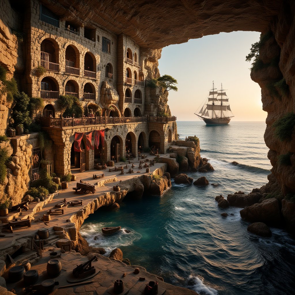 Medieval Smugglers and Pirates' seaside lair: A secret cave carved into rugged cliffs looking like a fortress, overlooking a tranquil ocean where waves gently lap against the entrance. The warm sunlight filtering through dark caves, illuminating the dungeons of the natural stone walls and archways, blending seamlessly with the organic structure. A makeshift wooden pier juts out, hosting small boats and crates/barrels scattered about, while banners, cannons, and fishing nets decorate the environment. In the distance, a majestic pirate frigate is anchored still towards sunset. Above, a natural rocky balcony of pirates full of cannons overlooks the space like an impenetrable fortress with cannons pointed at the sea unwelcoming any potential unwanted visitors, the place is dangerous and a mighty sanctuary.