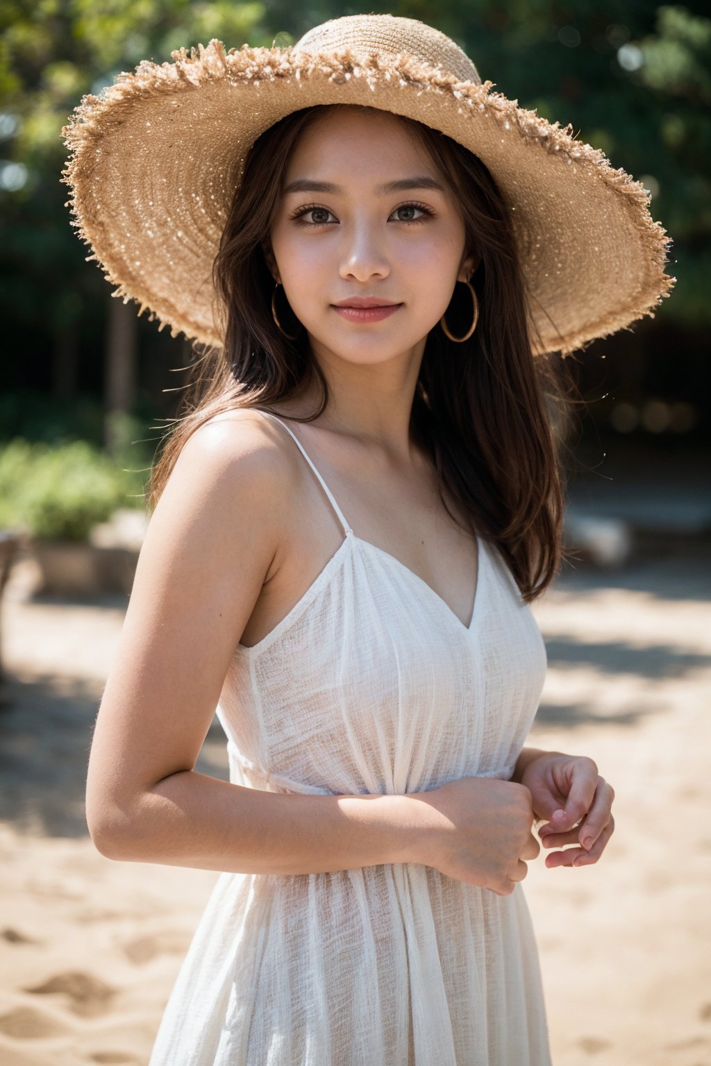 background is beach,sand,tropical forest,
20 yo, 1 girl, beautiful korean girl,standing,
wearing white simple summer dress(red flower pattern,strap),cloth flowing by wind, hold women hat with hands,smile, solo, {beautiful and detailed eyes}, dark eyes, calm expression, delicate facial features, ((model pose)), Glamor body type, (dark hair:1.2), simple tiny earrings, flim grain, realhands, masterpiece, Best Quality, 16k, photorealistic, ultra-detailed, finely detailed, high resolution, perfect dynamic composition, beautiful detailed eyes, eye smile, ((nervous and embarrassed)), sharp-focus, full_body, cowboy_shot,