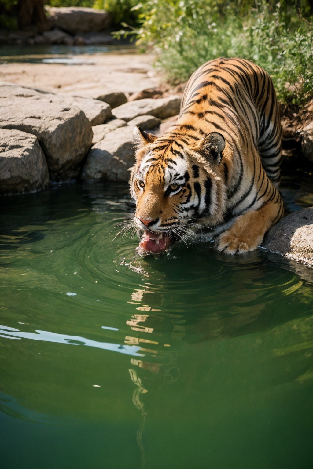 (best quality, masterpiece, ultra-detailed, 32k:1.2), wildlife photography editorial, a tiger drinking from a river, crystal clear water, vivid reflections, looking at the photographer, natural light, glittery