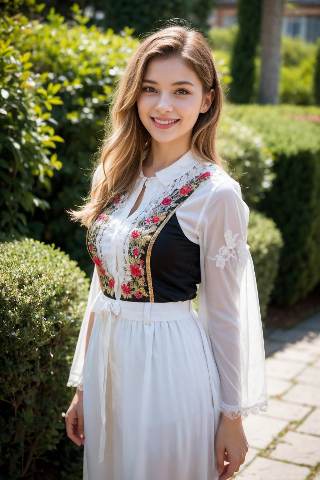 1girl, Beautiful young woman, blonde, smiling, (in beautiful Ukrainian national costume embroidery ornament white, black), sunny day, botanical garden, realistic