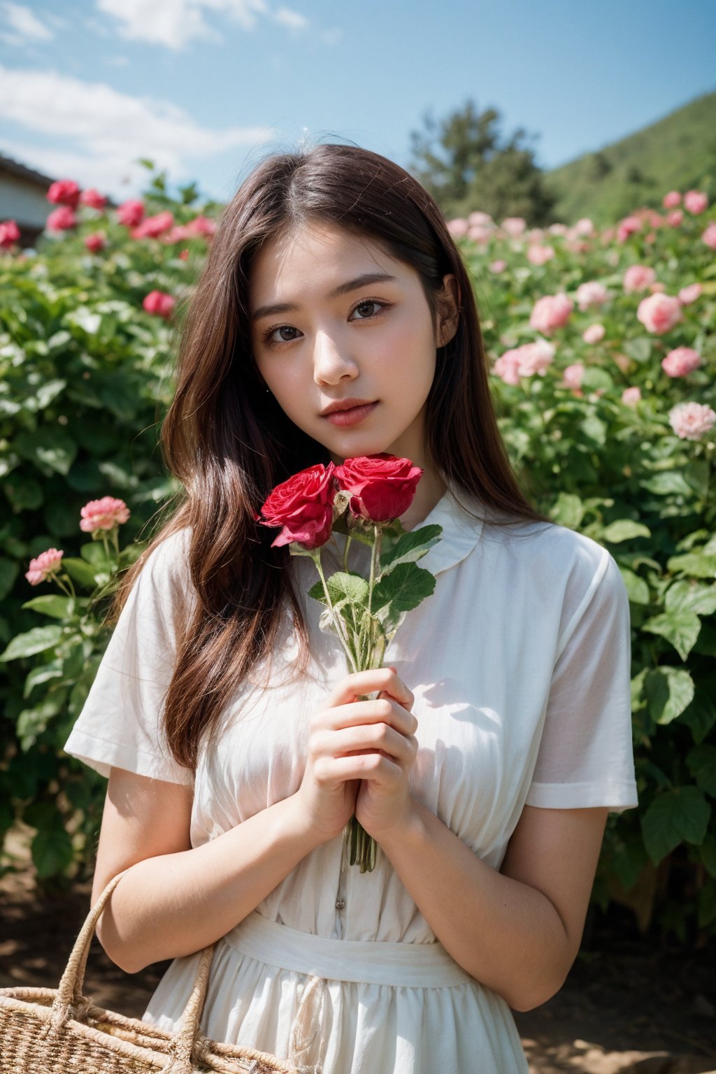 Beautiful girl holding flower village 