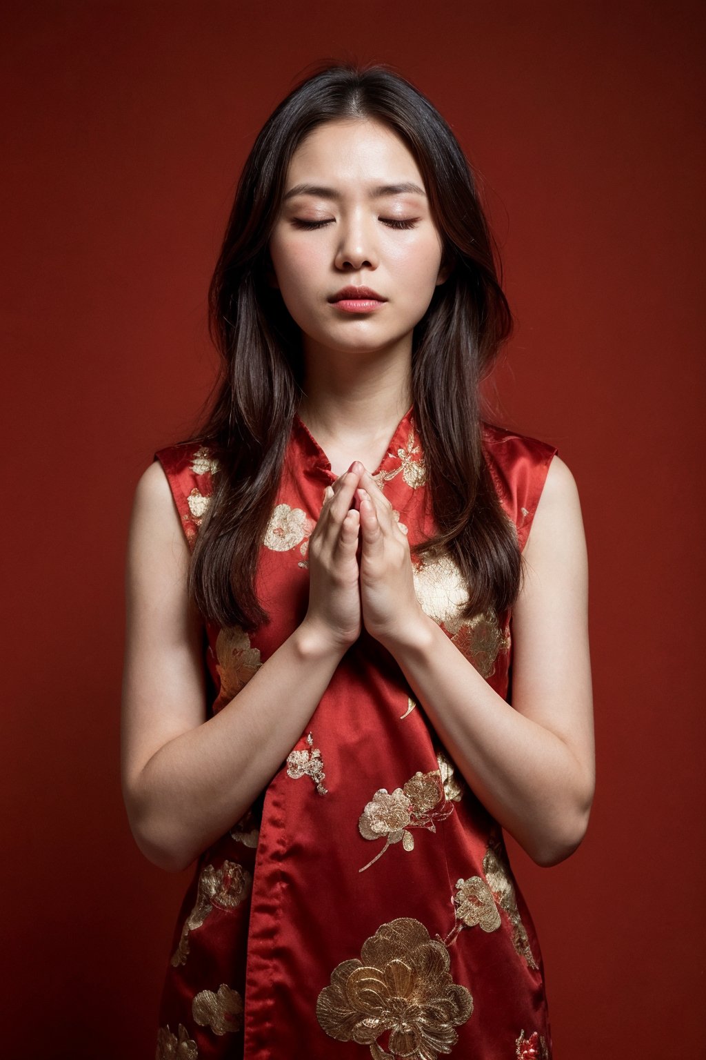 A Chinese ancient beauty is praying, with hands clasped together, eyes closed in silence, wearing a solemn yet beautiful expression, Red Background