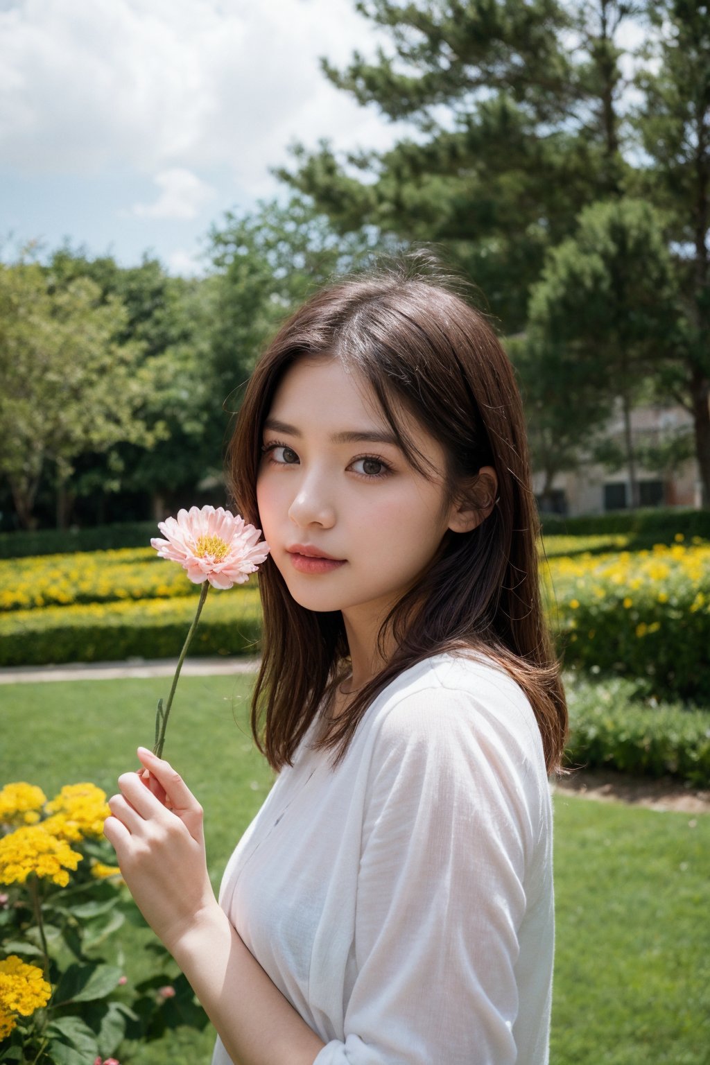 Beautiful girl holding flower village 