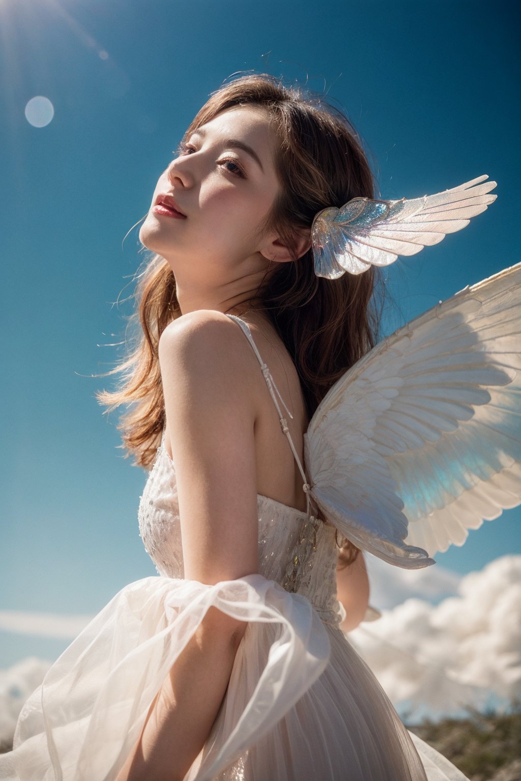 (masterpiece, best quality, CGI, official art:1.2), (stunning celestial being:1.3), (iridescent wings:1.4), shimmering silver hair, piercing sapphire eyes, gentle smile, (luminous aura:1.2), soft focus, whimsical atmosphere, serene emotion, dreamy tone, vibrant intensity, inspired by Hayao Miyazaki's style, ethereal aesthetic, pastel colors with (soft pink accents:1.1), warm mood, soft golden lighting, diagonal shot, looking up in wonder, surrounded by (delicate clouds:1.1) and (shimmering stardust:1.2), focal point on the being's face, intricate textures on wings and clothes, highly realistic fabric texture, atmospheric mist effect, high image complexity, detailed environment, subtle movement of wings, dynamic energy.