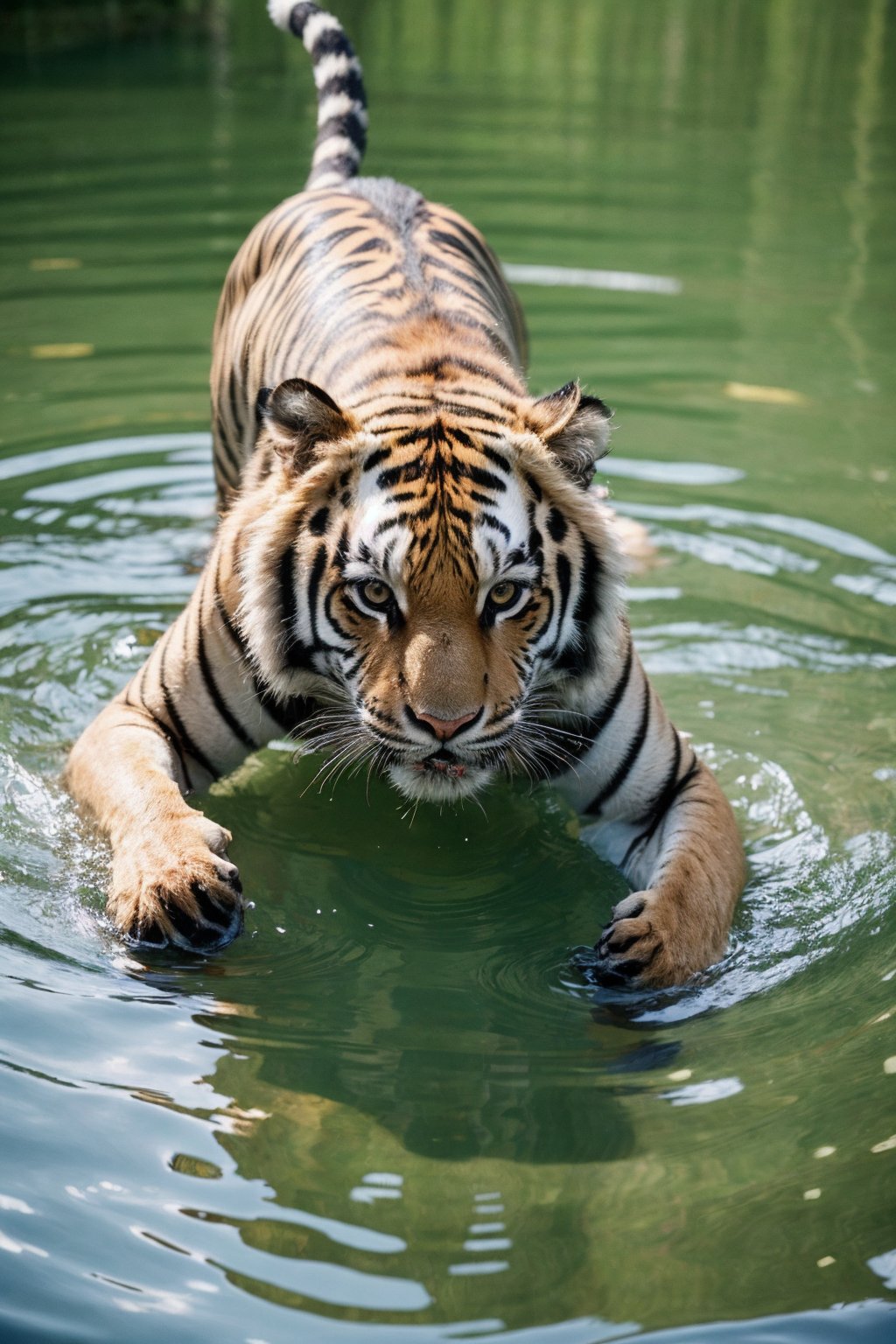 (best quality, masterpiece, ultra-detailed, 32k:1.2), wildlife photography editorial, a tiger drinking from a river, crystal clear water, vivid reflections, looking at the photographer, natural light, glittery