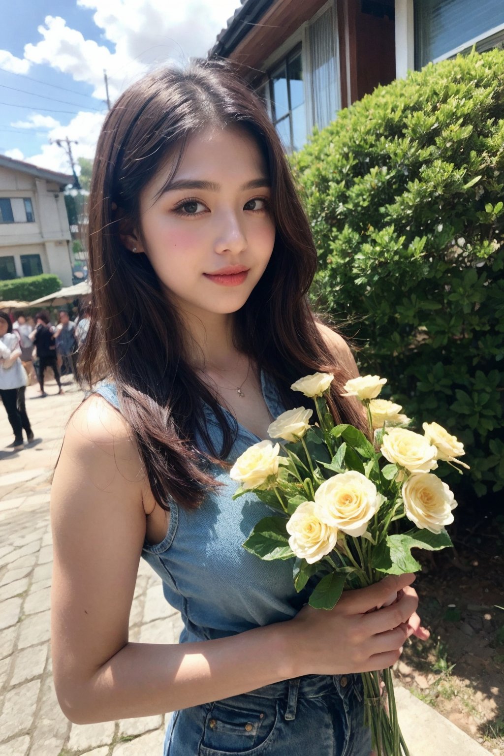 Beautiful girl holding flower village 